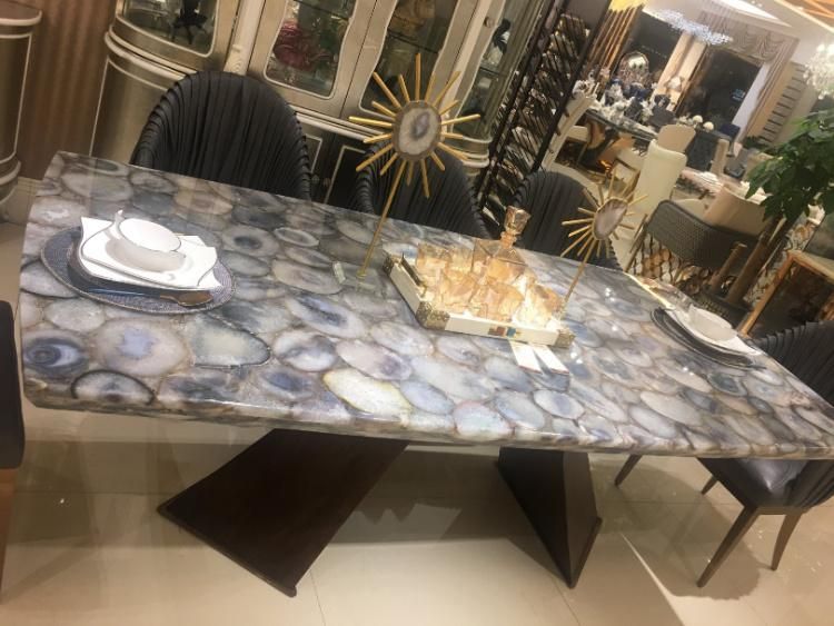 Luxury Indoor Semi Precious Stone Dining Table White Gemstone Onyx Table