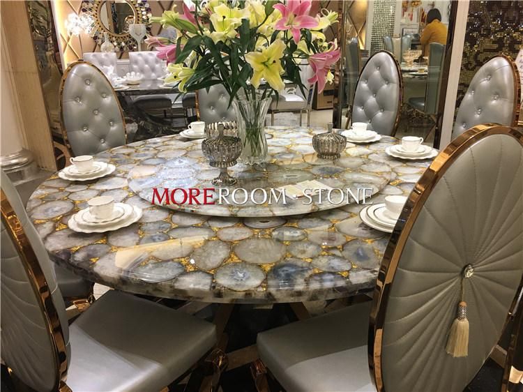 Luxury Villa Interior Semi Precious Stone White Agate Dining Table Set