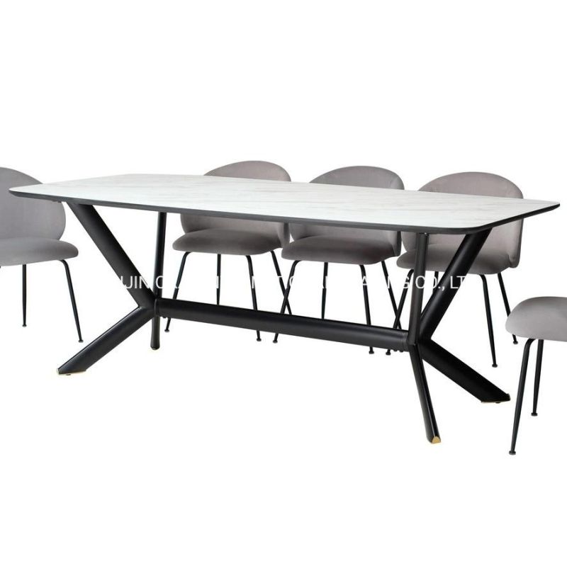 Contemporary New Design Luxury Sinered Stone Top Dining Table with X Shape Black Iron Leg