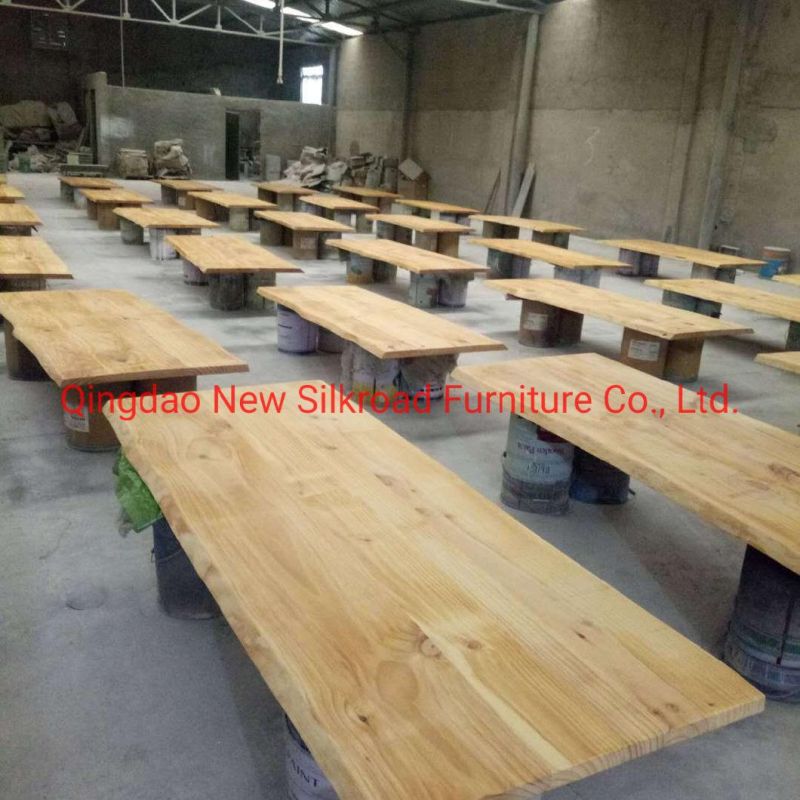 Factory Price New Chinese Style Coffee Table Natural Tree Edge Pine Slab Wood Dining Table / Live Edge Pine/Oak Wood Dining Table for Restaurant/Banquet Hall