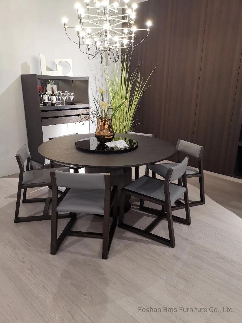 Elegant Modern Oak Veneered Wood Round Dining Table and Chairs