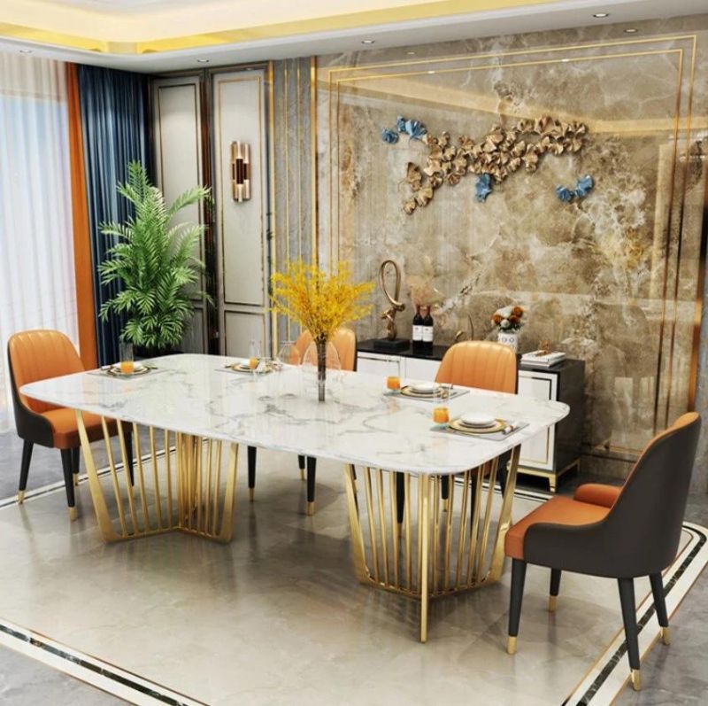 Customized Length Durable Kitchen Marble Top Dining Table and Chair Sets