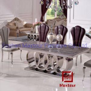Luxurious Dinner Table Set Dining Room Furniture Stainless Steel Dining Table Set 8 Chairs of Marble Top