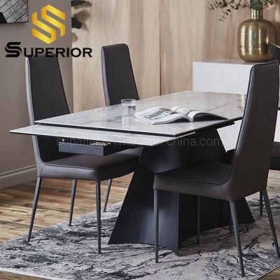 Modern English Marble Top Black Metal Base Extend Dining Table