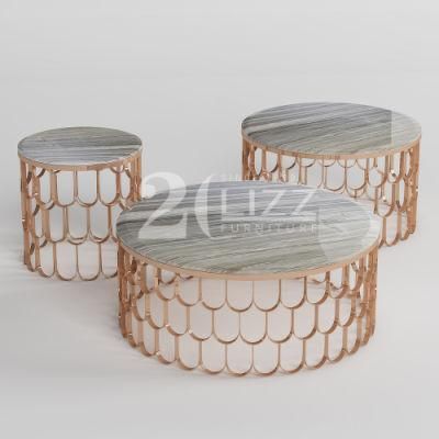New Modern Design Gold Stainless Steel Marble Living Room Center Coffee Table Set Round