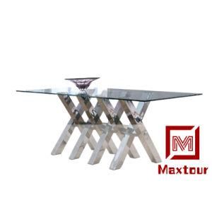 Dining Room X Shape Silver Colour stainless Steel Base Glass Dining Table