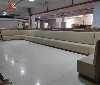 Commercial Grade Hotel and Resort Booth Seating Studded U/L Shape PU Leather Upholstered Channel Back Wood Base Sofa