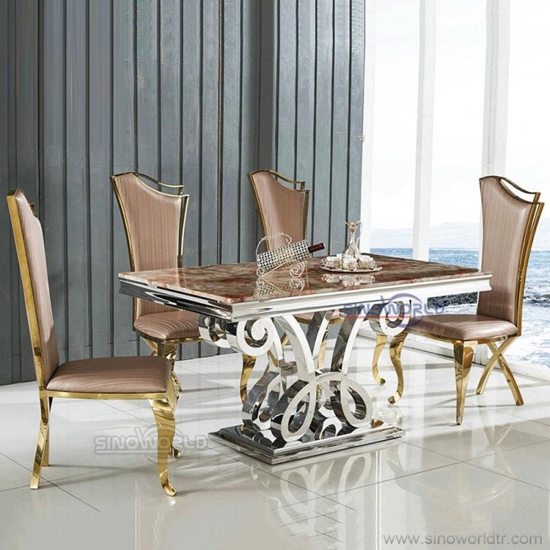 Home Restaurant Furniture Set Stainless Steel Frame Marble Dining Table