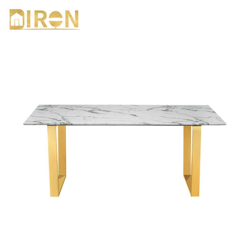Wholesale Modern Simple Design Rectangle Marble Golden Stainless Steel White Dining Table Set