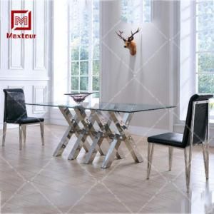 New Style Silver Stainless Steel Dining Table with Clear Glass Top