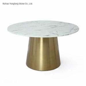 Modern Round Golden Stainless Steel Base Pedestal Marble Dining Table