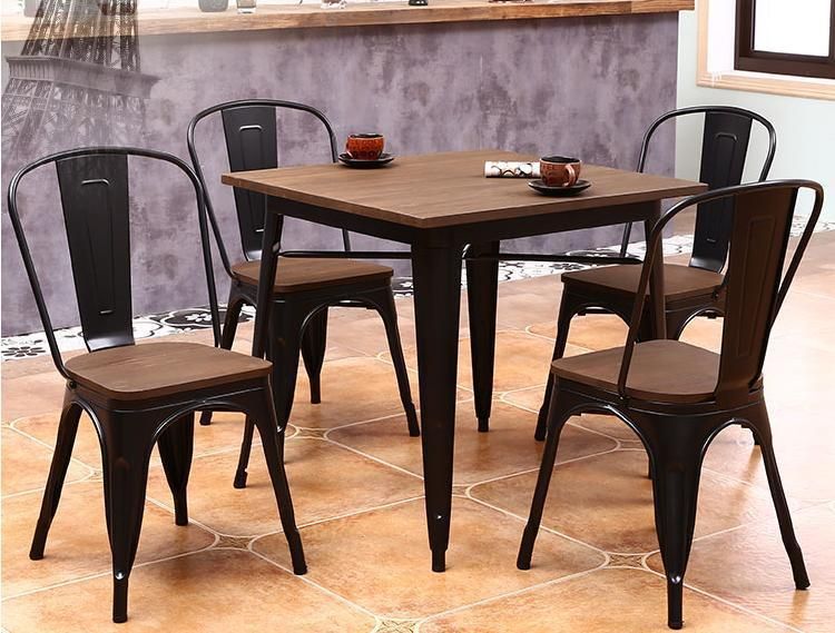 China Wholesale Stackable Cafe Bistro Metal Wood Seat Restaurant Vintage Design Industrial Metal Dining Chair