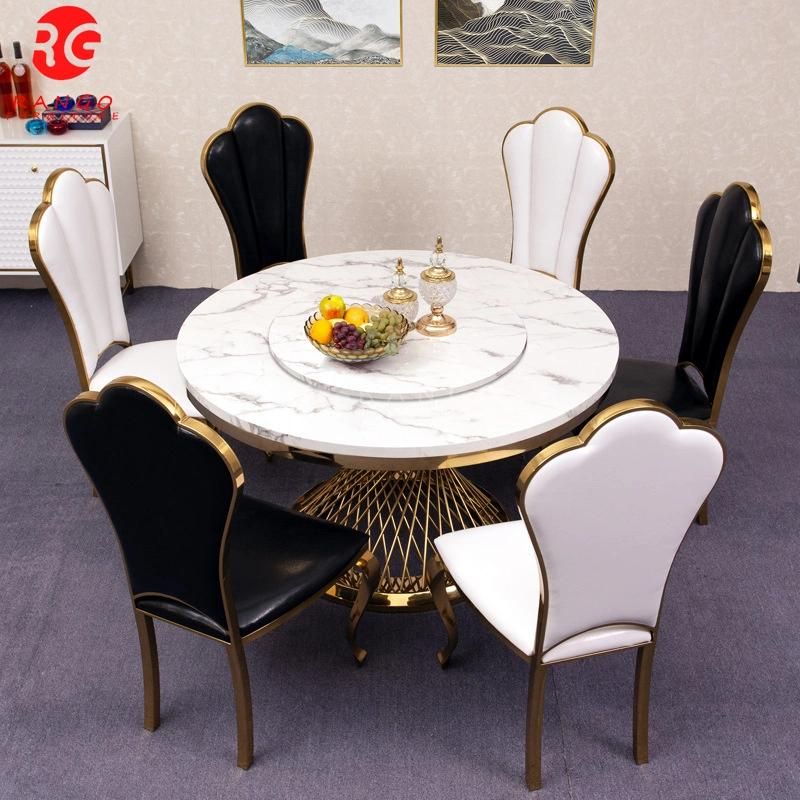 Golden Stainless Steel Marble Top Round Shape Roating Top Luxury Wholesale Dining Table with Leather Dining Chairs