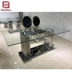 Home Furniture Modern Silver Stainless Steel Glass Dining Table