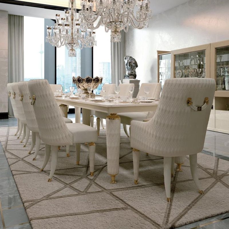 Modern Hotel Restaurant Furniture Kitchen Dining Table Luxury Villa Velvet Upholstery Stainless Steel Leg Marble Top Dining Room Set Dining Table with 6 Chair