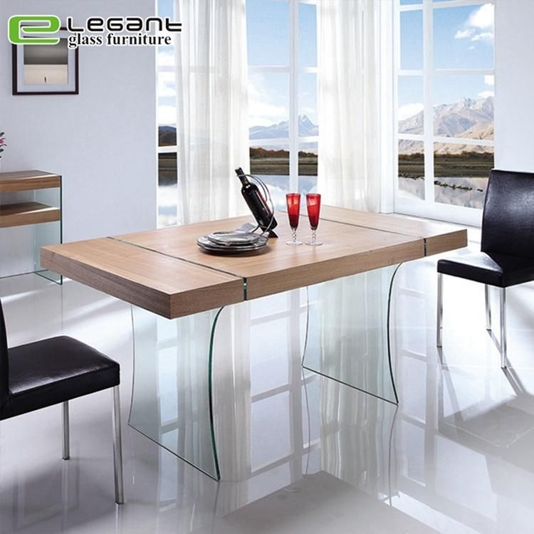 Clear Tempered Glass Dining Table With Ash Wood Veneer