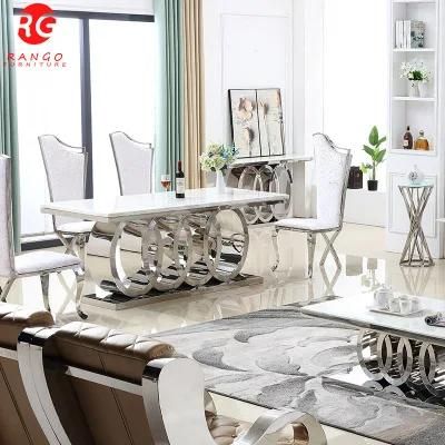 Luxury Dining Table and 6 Chairs White Marble and Rose Gold Room Table and 6 Chair Set