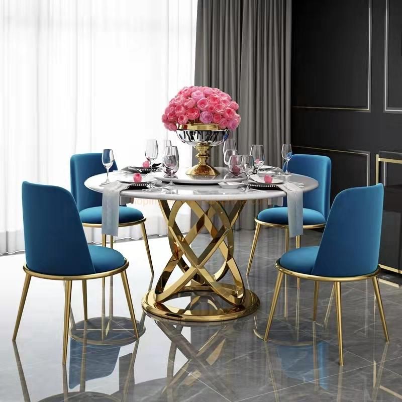 Modern Style Round Tempered Glass Marble Top Dining Set Wedding Chair Furniture Household Ball Stainless Steel Legs Base 124 Seat People Dining Table