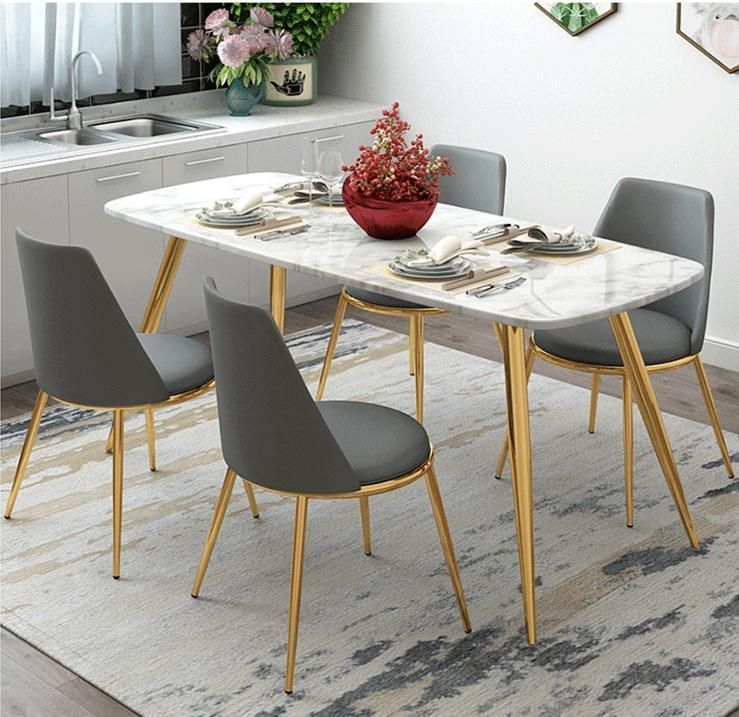 Modern Design House Furniture White Polished Marble Dining Table with 6 Chairs Golden Frame for Dining Room