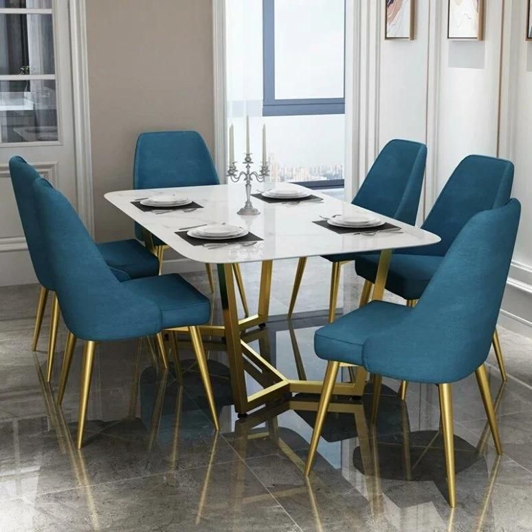 Modern Dining Room Furniture Rectangular Marble Top Gold Ss Table with 6 Chairs
