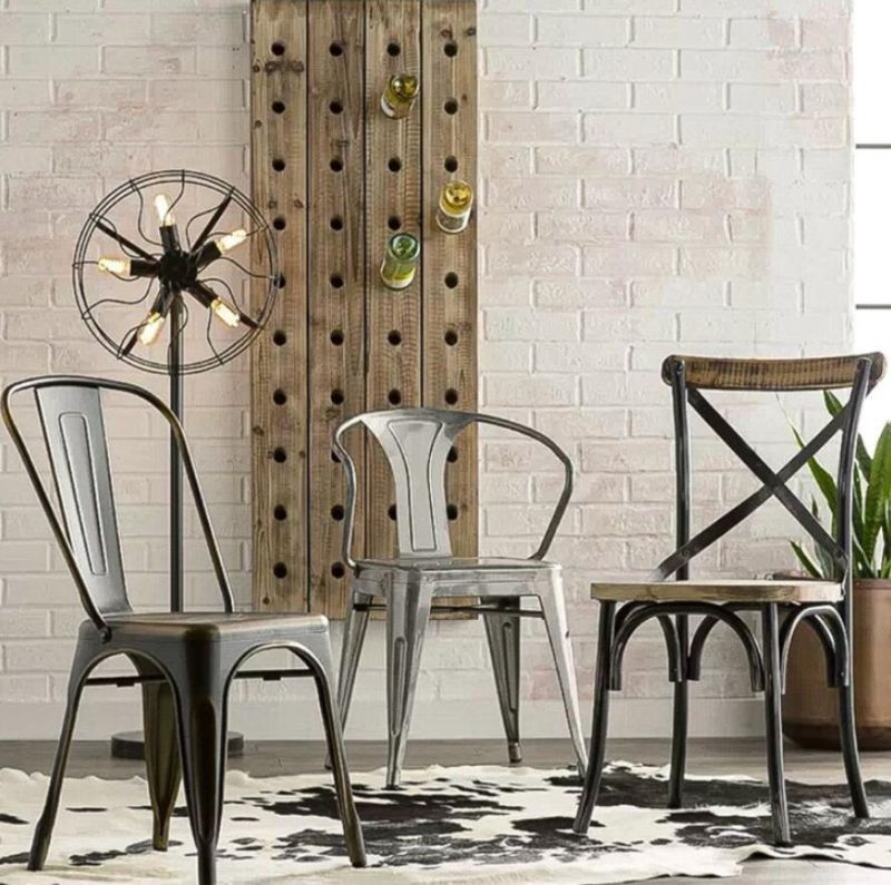 Industrial Armchair Tolix Metal Dining Chair Wood Seat White