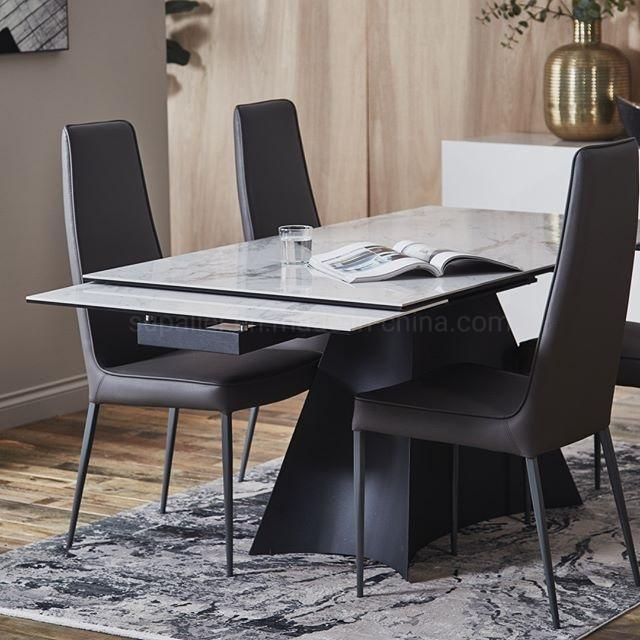 Modern English Marble Top Black Metal Base Extend Dining Table