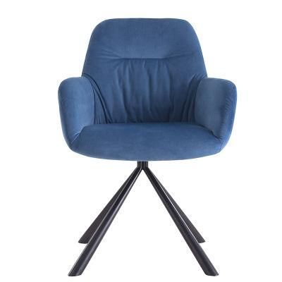 Dining Chair Velvet Wooden Structurer Metal Legs with Blue Linen Fabric