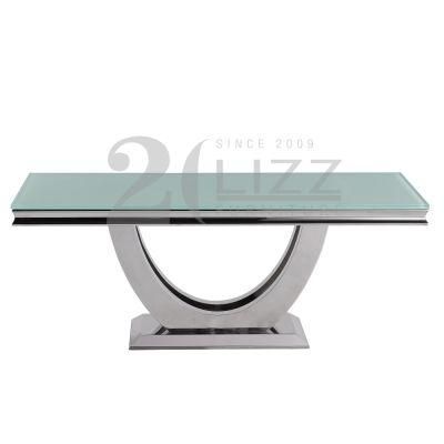 High End Quality European Style Simple Design Modern Wathet Glass Dining Room Rectangle Table
