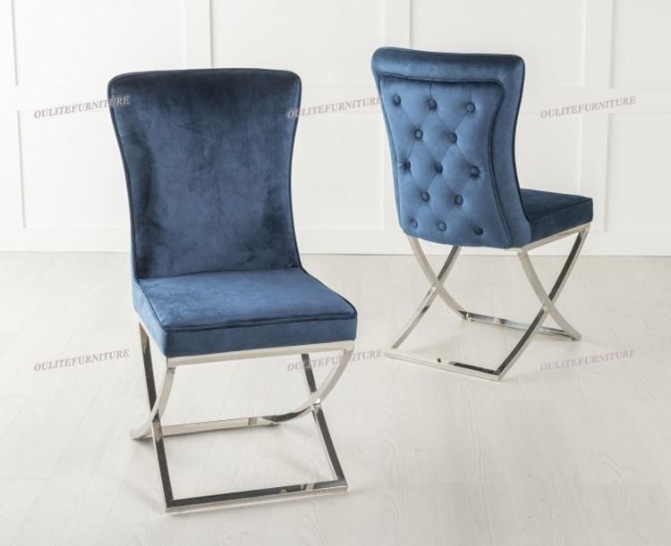 Modern Furniture Metal Frame Blue Velvet Dining Chair for Home