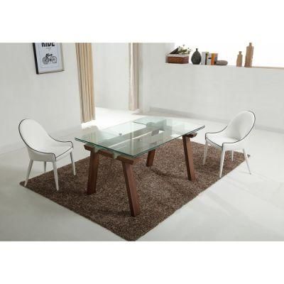 Modern Extension Clear Glass Solid Wood Dining Table Furniture