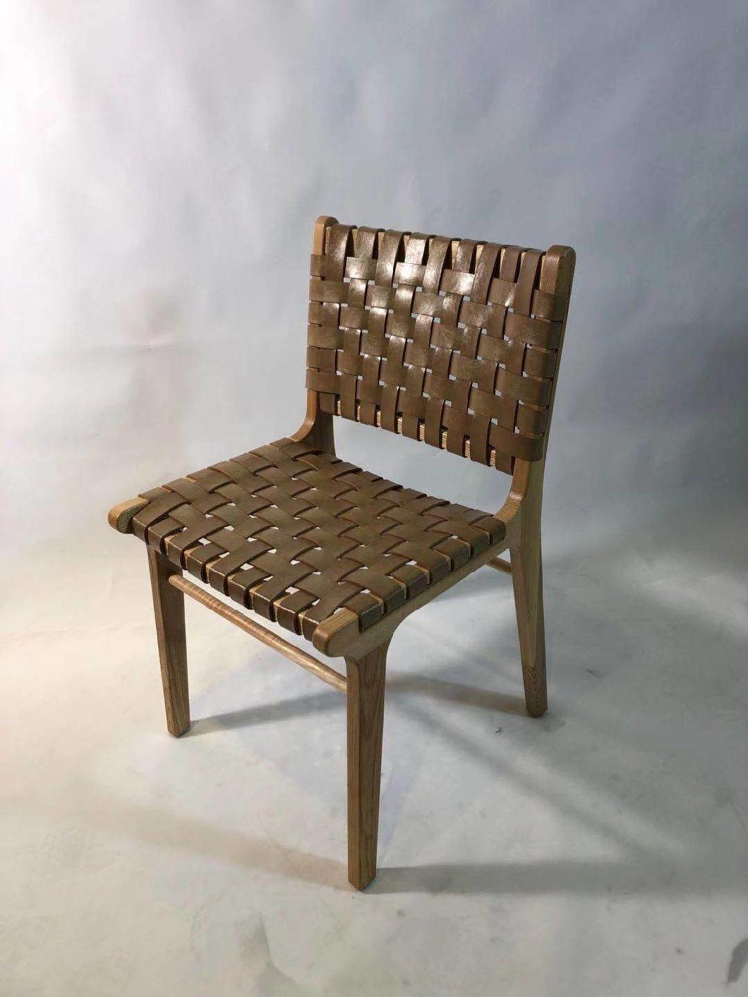 Commercial Grade Restaurant Furniture Leather Woven Solid Wood Frame Dining Chair