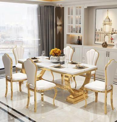 Factory Home Furniture White Marble Top Dining Table Modern Restaurant Furniture Stainless Steel Dining Table Set