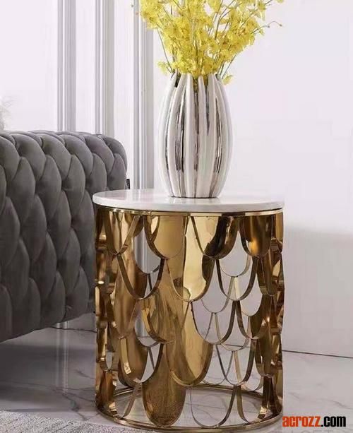 Factory Gold Silver Stainless Steel Plating Marble Glass Desktop Glass Luxury Fish Scale End Side Coffee Table