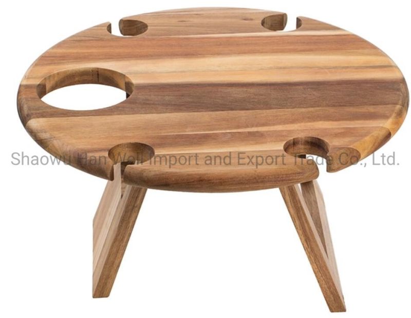 Round Collapsible Acacia Wood Snack Table for Outdoor Picnic