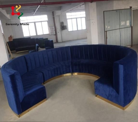 Commercial Grade Bar Cafe and Restaurant Night Club Booth Channel Back Round Shape Velvet Upholstered Brass Base Sofa