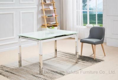 Modern Extension White Glass Dining Table Set Stainless Steel Furniture