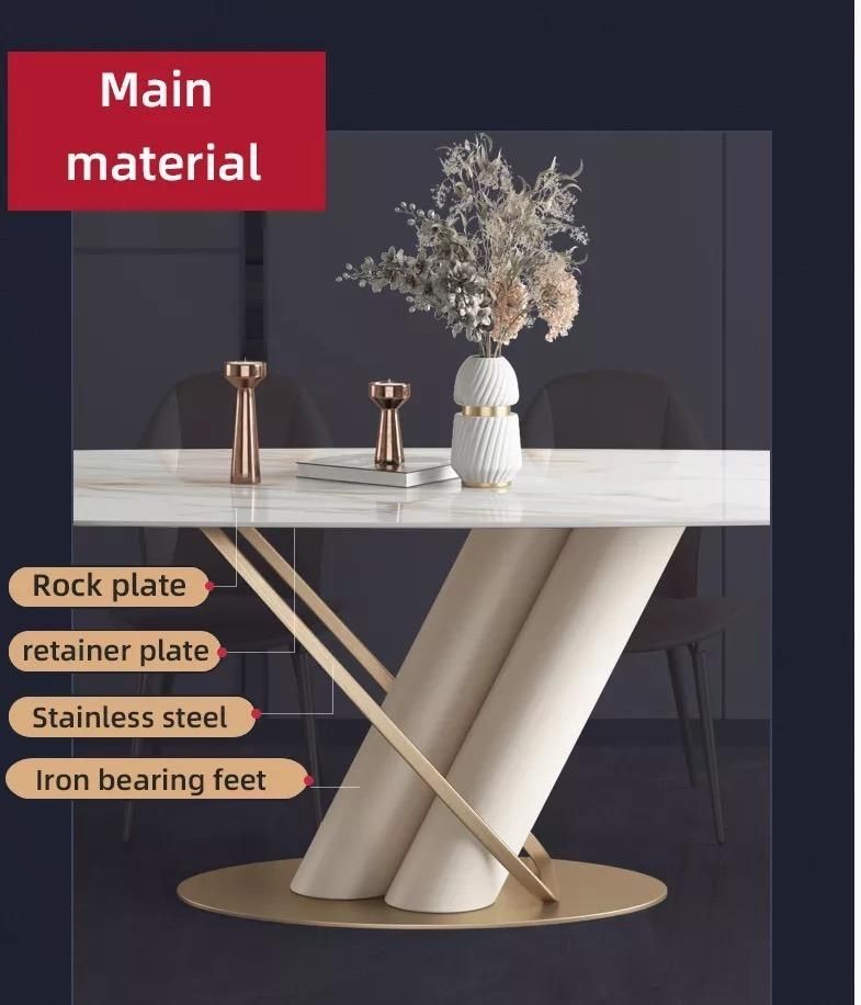 Nordic Rectangular Italian Marble Rock Slab Dining Table 6 Seater for House Golden Luxury Modern Rock Plate Dining Table Leather
