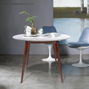 31&quot; Round Italian White Marble Dining Table with Walnut Legs