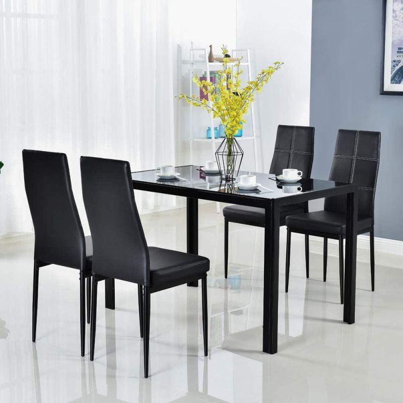 Modern Style Restaurant Dining Room Furniture Tempered Glass Top Luxury Square Dining Table with PU Dining Chair