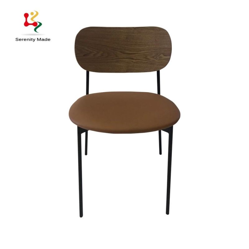 Popular Style Guangdong Furniture Metal Frame Plywood with Veneer Laminate Back Leather Seating Dining Chair