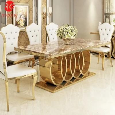 180cm Golden Stainless Steel Dining Table Home Furniture Restaurant Table Marble Dining Table Set with 6 Dining Chairs Dining Table