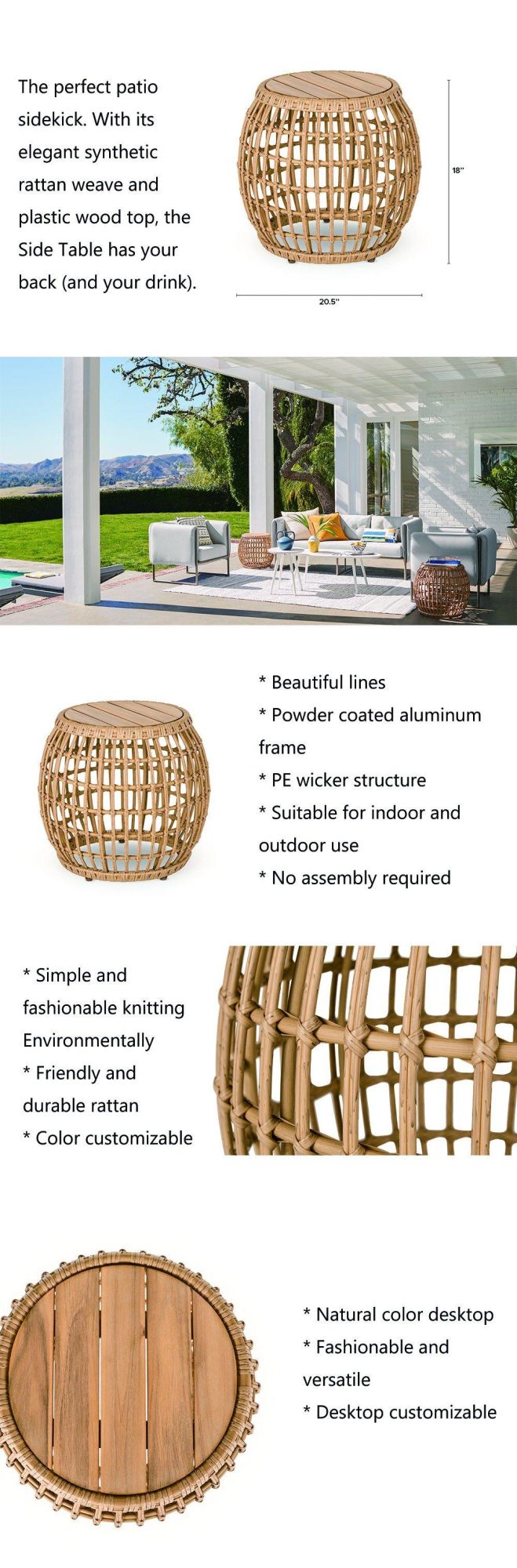 Modern Aluminum Frame Cheap Wicker Rattan and Wood Outdoor Accent Side Coffee Table
