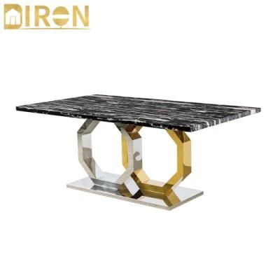China Wholesale Modern Style Hotel Restaurant Home Living Room Furniture Dinner Gold Color Stainless Steel Marble Top Dining Table