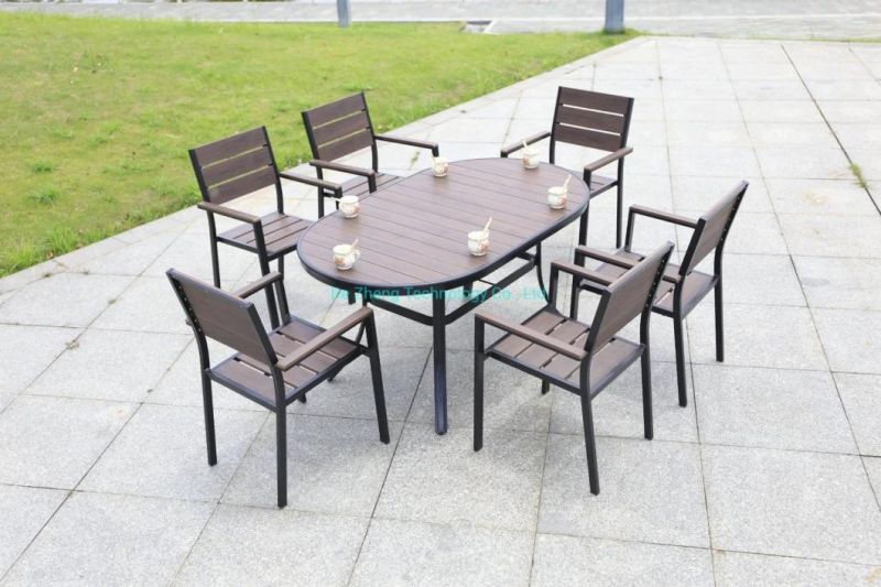 Wholesale Villa Restaurant White Plastic Wood Aluminum Frame Table and 4 Chairs Garden Dining Set Outdoor Furniture(
