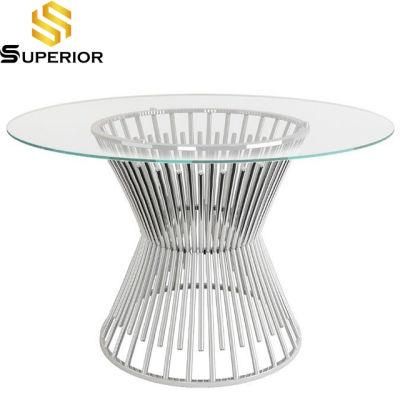 Modern Luxury Furniture Silver Metal Base Tempered Glass Dining Table