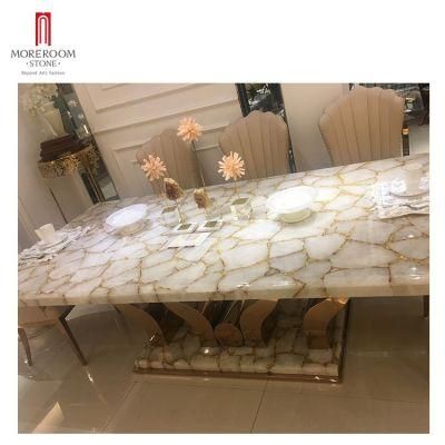 Luxurious Rectangle White Crystal Gemstone Dining Room Table for Hotel Resort Villa