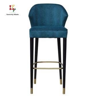 Elegant Soft Velvet Seating Wooden Hight Feet Bar Club Restaurant Stool