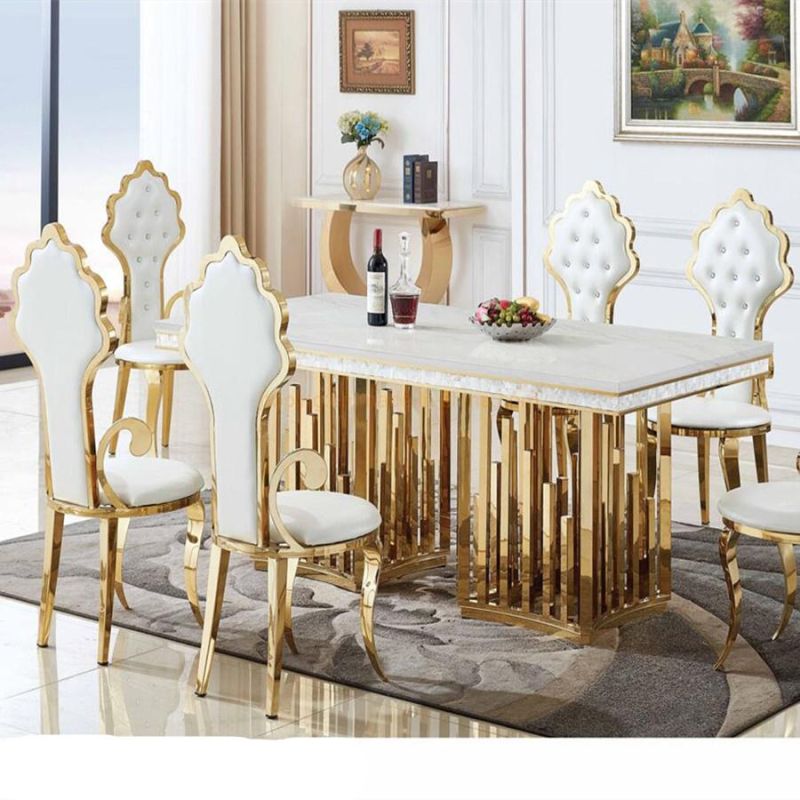 Modern Style Round Tempered Glass Marble Top Dining Set Wedding Chair Furniture Household Ball Stainless Steel Legs Base 124 Seat People Dining Table