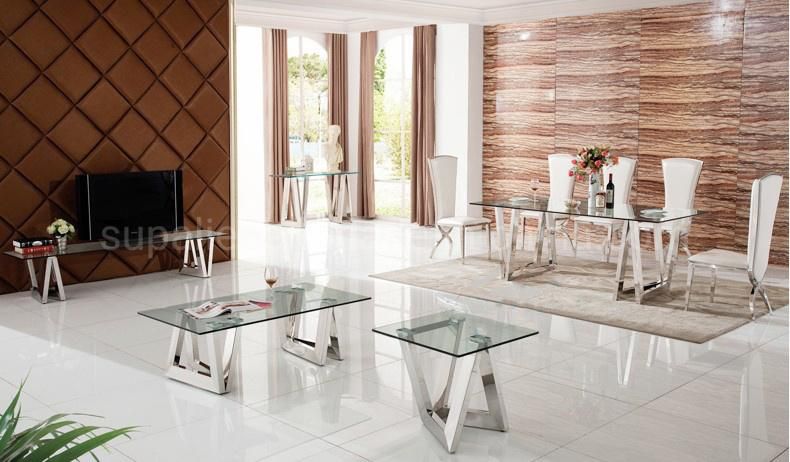 Wholesale European Style Tempered Glass Chromed Dining Room Table Set