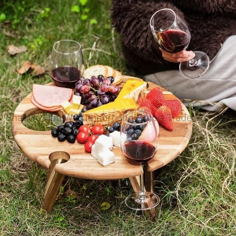 Round Collapsible Acacia Wood Snack Table for Outdoor Picnic